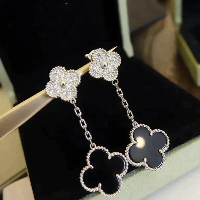 [Shinejoy]CLOVER 2 MOTIFS  DIAMOND ONYX EARRINGS SILVER