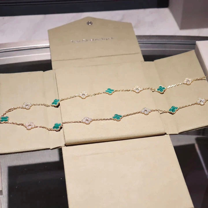 [Shinejoy]CLOVER 20 MOTIFS MALACHITE DIAMOND NECKLACE