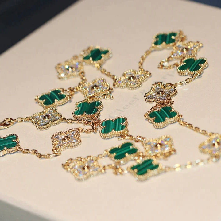 [Shinejoy]CLOVER 20 MOTIFS MALACHITE DIAMOND NECKLACE
