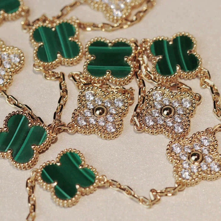 [Shinejoy]CLOVER 20 MOTIFS MALACHITE DIAMOND NECKLACE