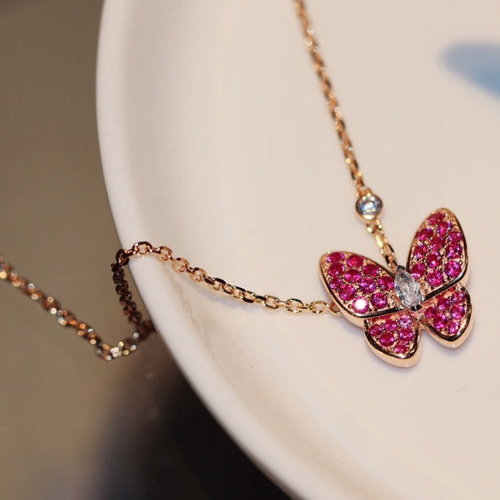 [Shinejoy]BUTTERFLY RED DIAMOND ROSE GOLD NECKLACE