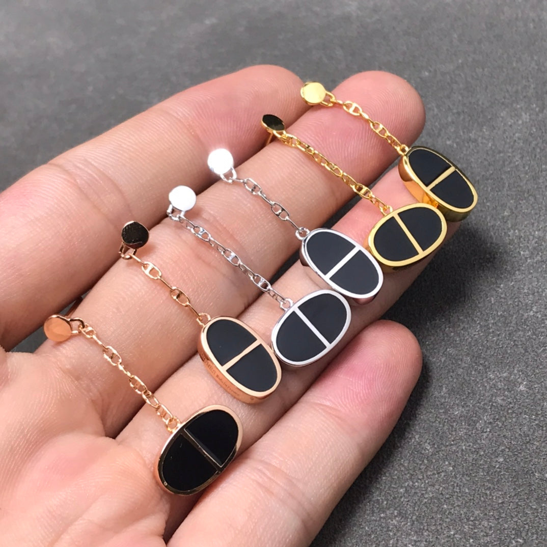 [Shinejoy]CHAINE VERSO BLACK CERAMIC SILVER EARRINGS