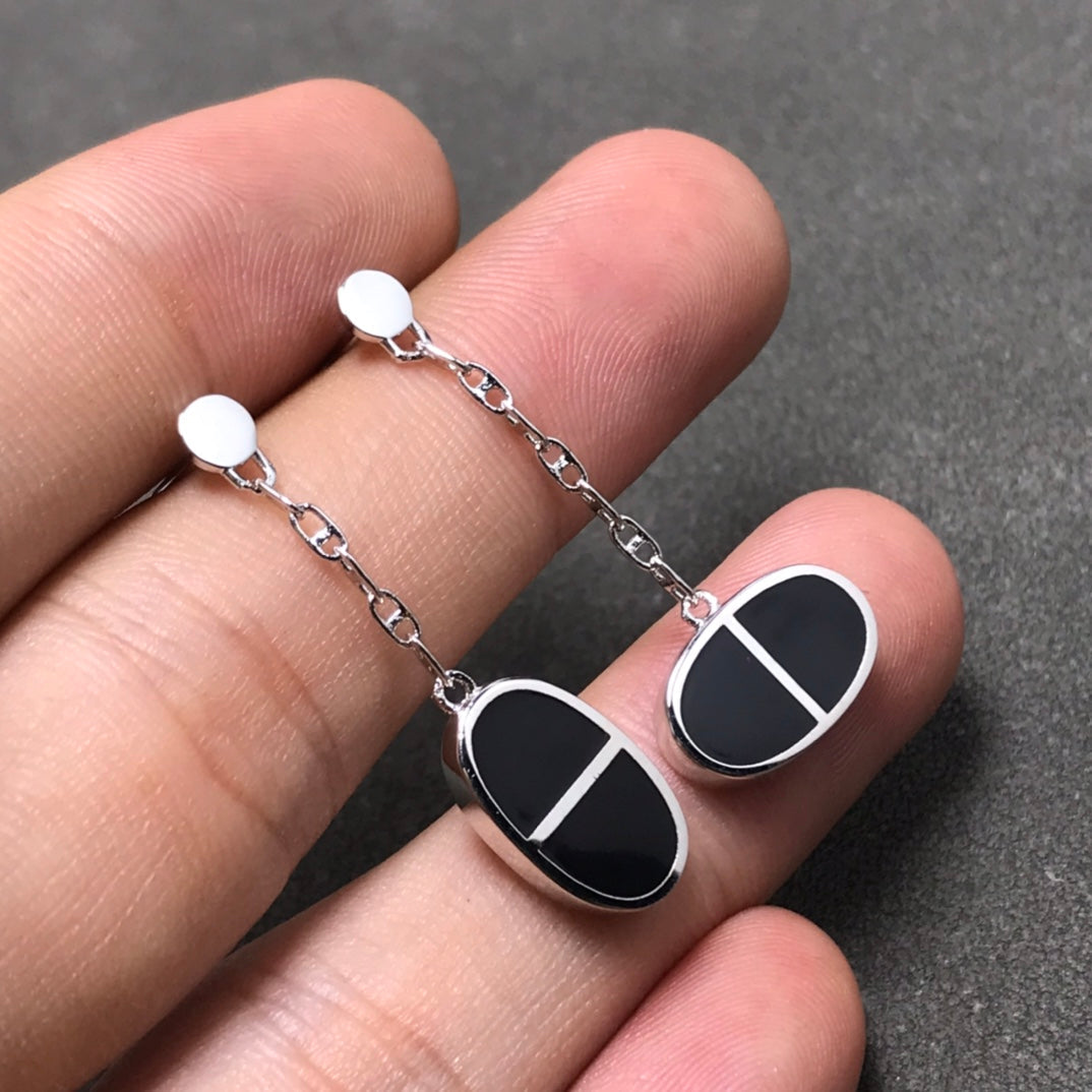 [Shinejoy]CHAINE VERSO BLACK CERAMIC SILVER EARRINGS