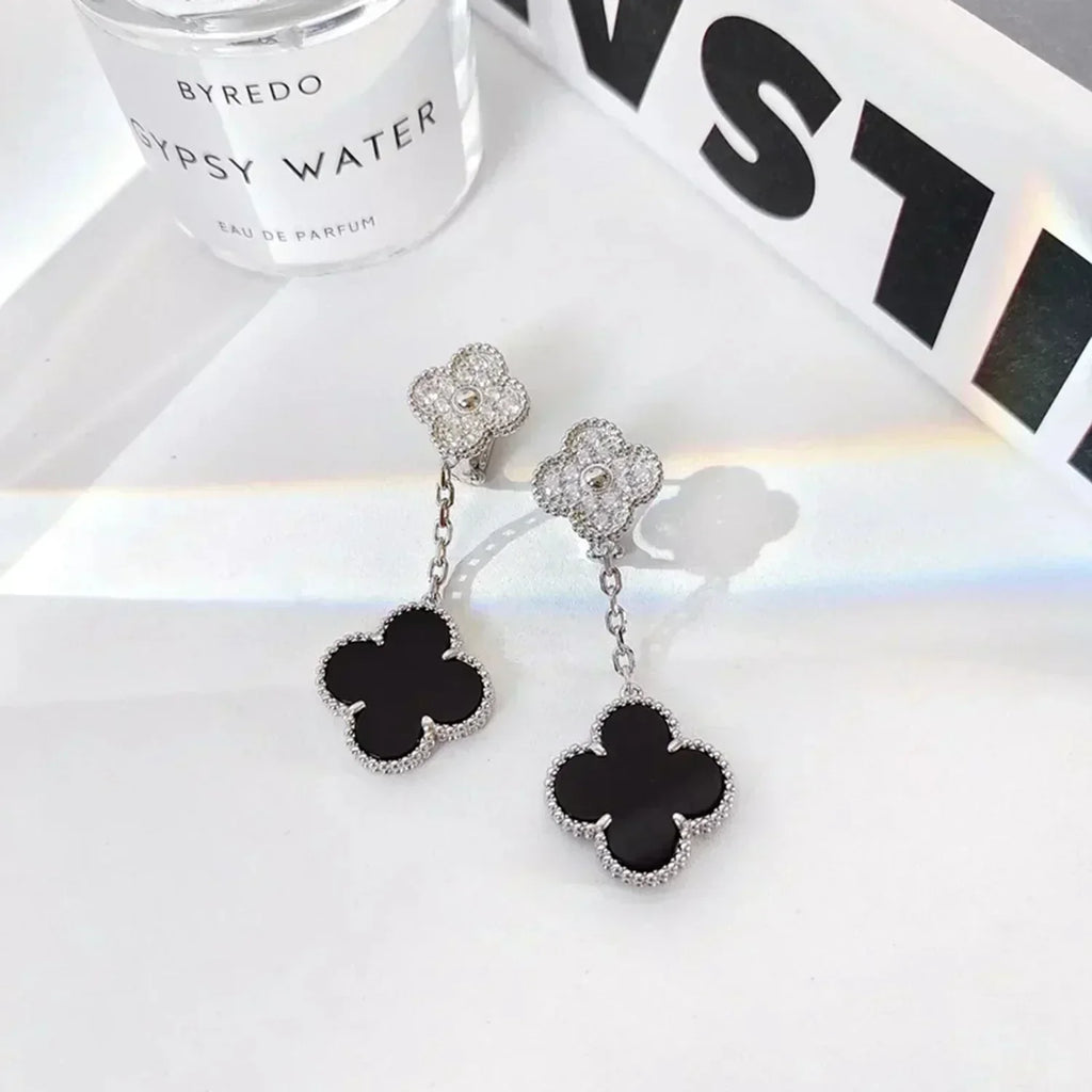 [Shinejoy]CLOVER 2 MOTIFS  DIAMOND ONYX EARRINGS SILVER