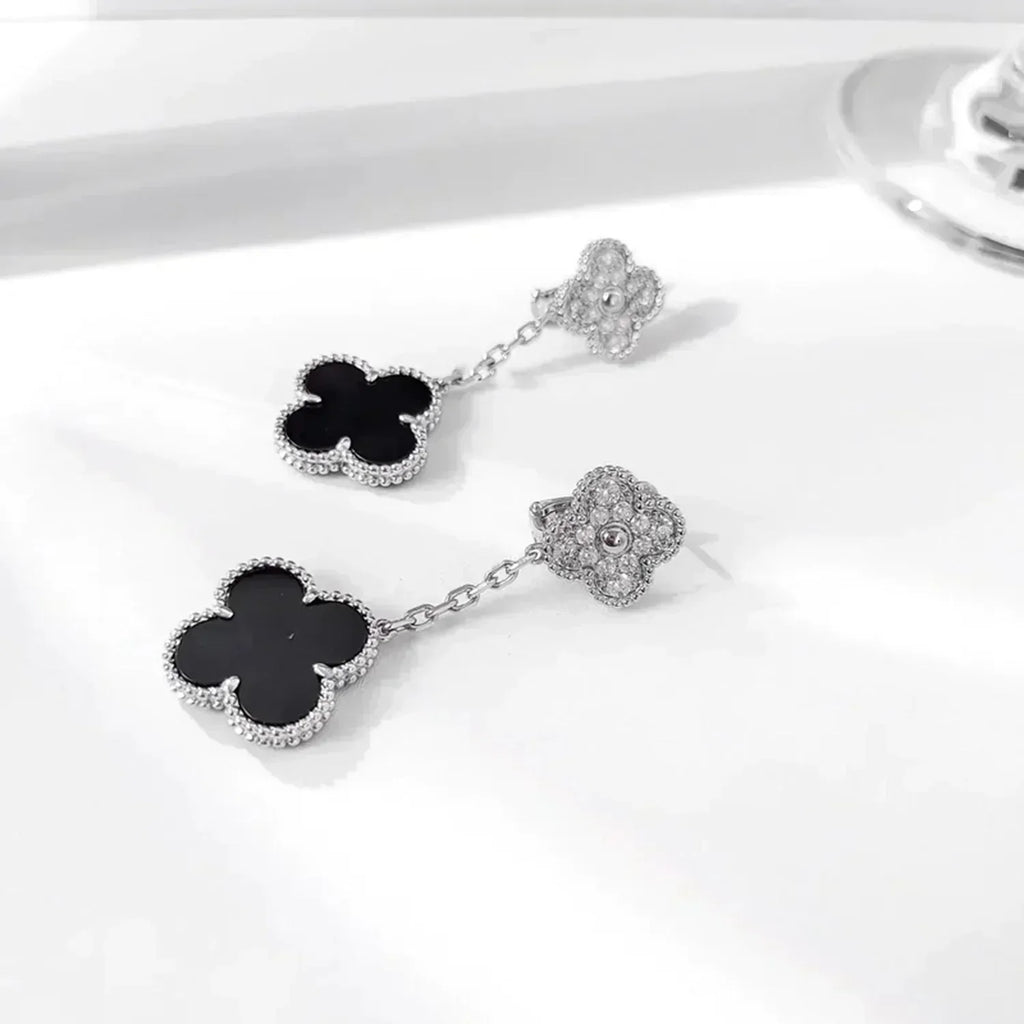 [Shinejoy]CLOVER 2 MOTIFS  DIAMOND ONYX EARRINGS SILVER