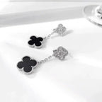 [Shinejoy]CLOVER 2 MOTIFS  DIAMOND ONYX EARRINGS SILVER