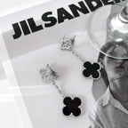 [Shinejoy]CLOVER 2 MOTIFS  DIAMOND ONYX EARRINGS SILVER