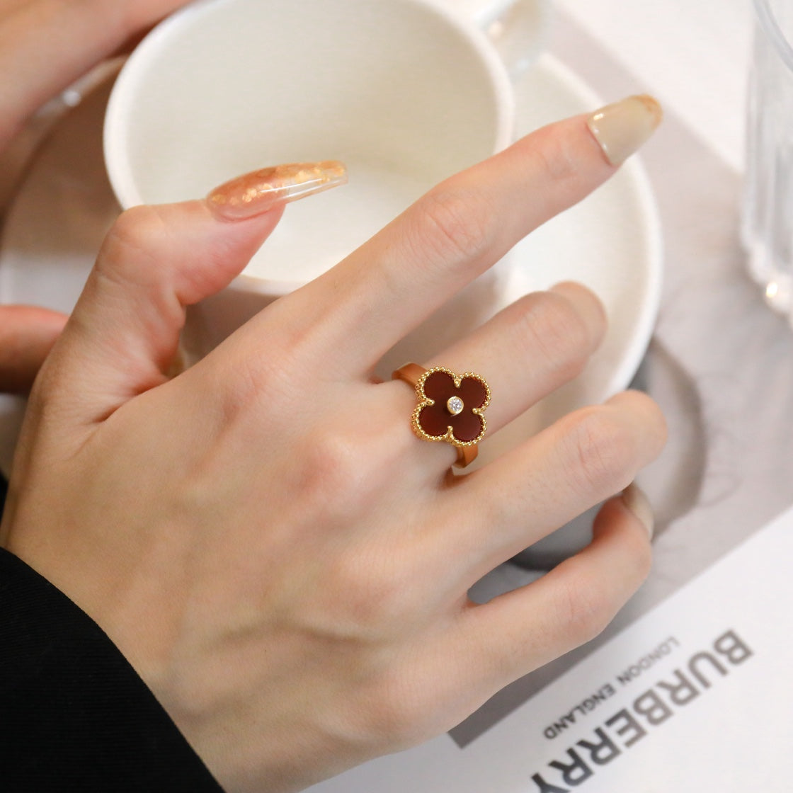 [Shinejoy]CLOVER CARNELIAN RING ROSE GOLD DIAMOND