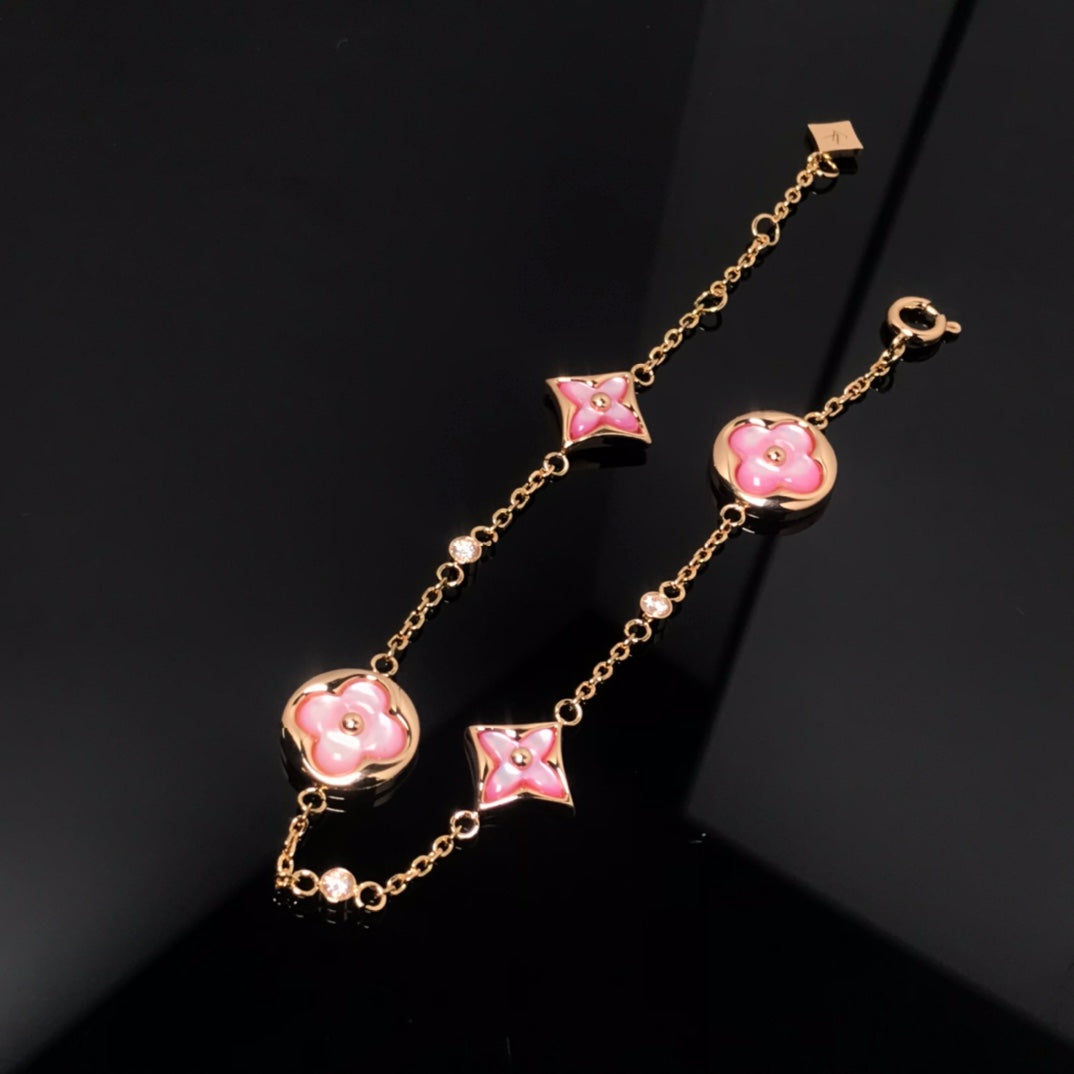 [Shinejoy]STAR AND SUN 4 MOTIF PINK MOP PINK GOLD BRACELET