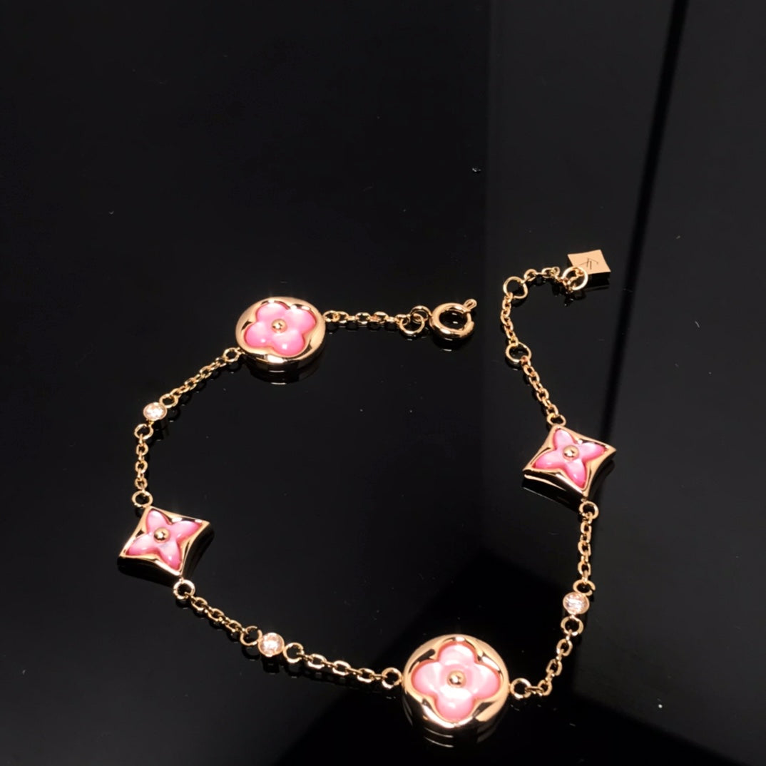 [Shinejoy]STAR AND SUN 4 MOTIF PINK MOP PINK GOLD BRACELET