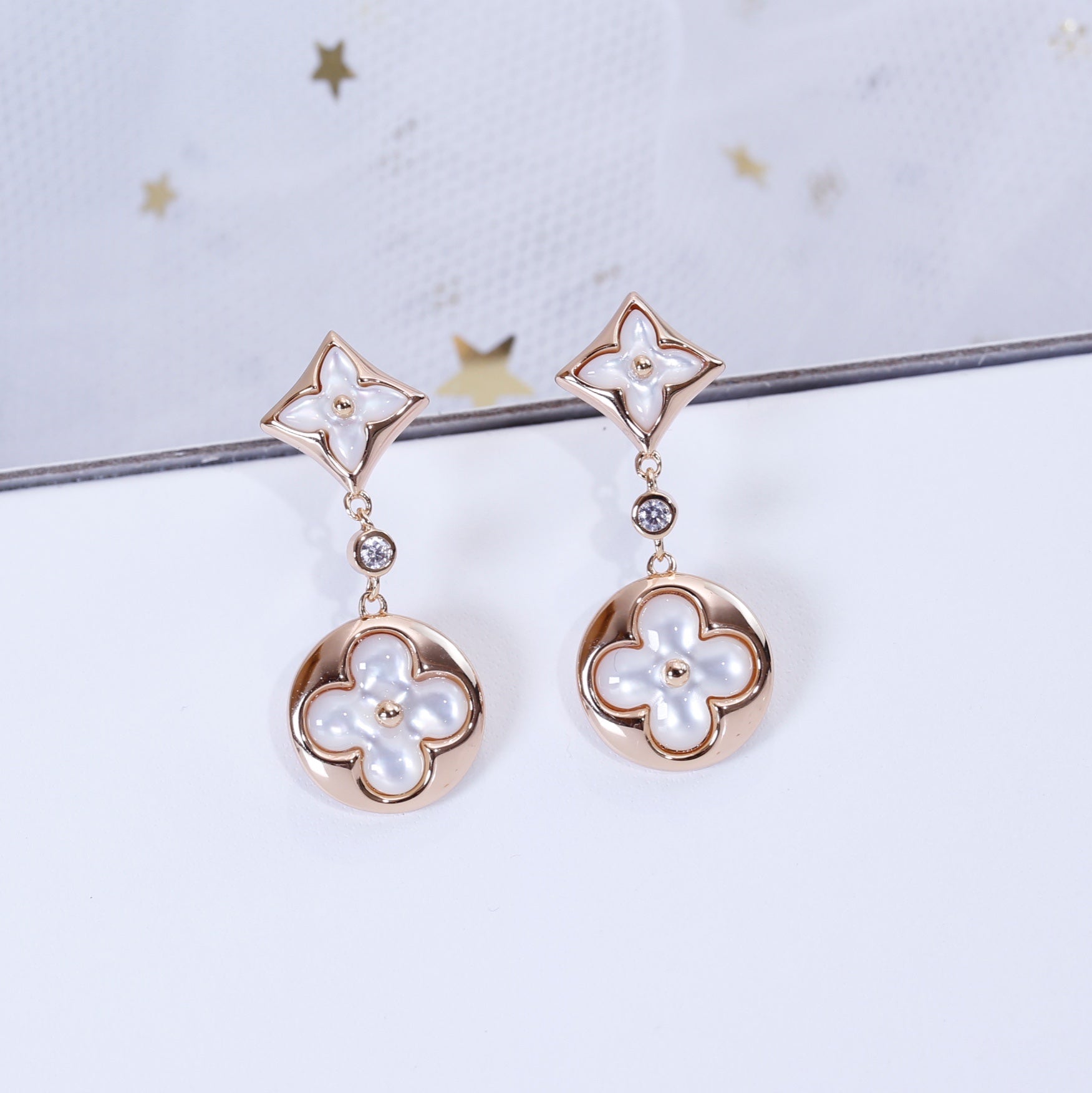 [Shinejoy]STAR AND SUN PINK GOLD MOP DROP EARRINGS