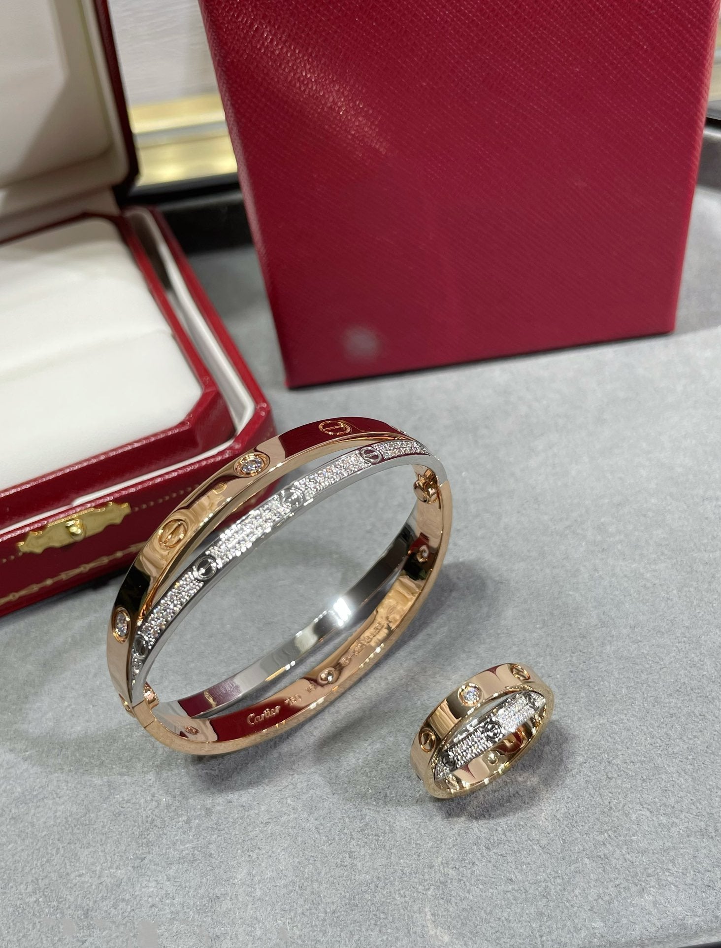 [Shinejoy]LOVE PINK GOLD SILVER DIAMOND DOUBLE RING