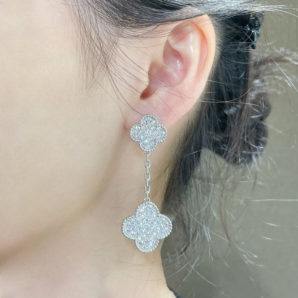 [Shinejoy]CLOVER 2 MOTIFS DIAMOND PAVED SILVER EARRINGS