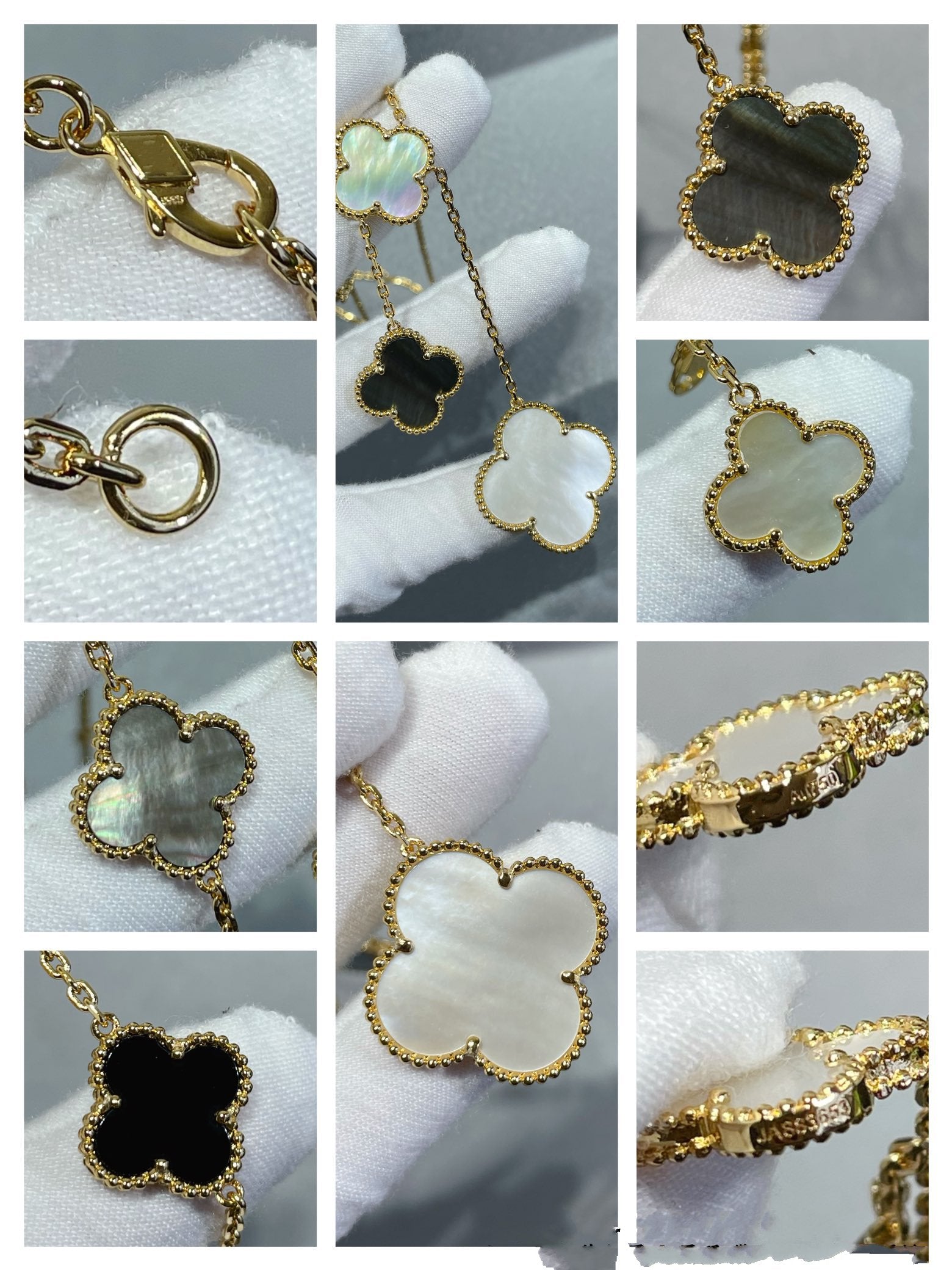 [Shinejoy]CLOVER 6 MOTIF MOP ONYX GOLD NECKLACE