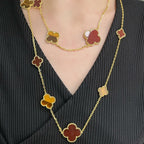 [Shinejoy]CLOVER 16 MOTIF CARNELIAN TIGER EYE ROSE GOLD NECKLACE