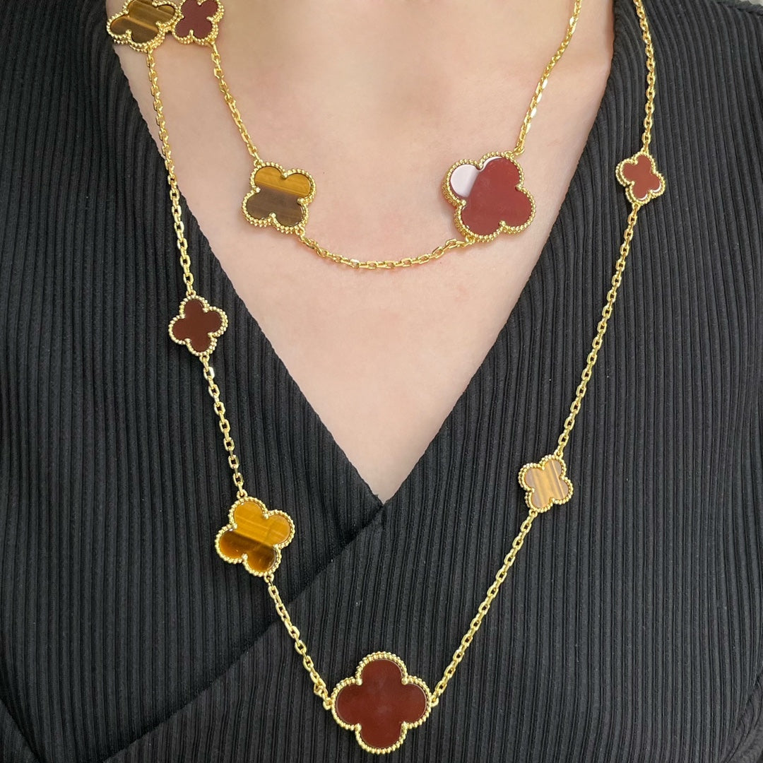 [Shinejoy]CLOVER 16 MOTIF CARNELIAN TIGER EYE ROSE GOLD NECKLACE