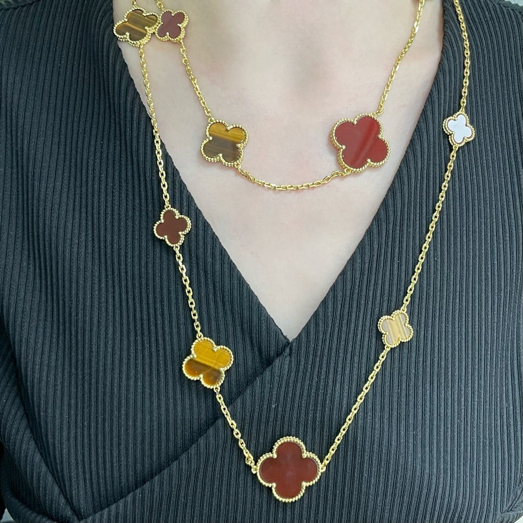 [Shinejoy]CLOVER 16 MOTIF CARNELIAN TIGER EYE ROSE GOLD NECKLACE