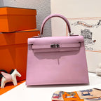 HM KELLY 25CM CUIR EPSOM ROSE FERMOIR ARGENTÉ