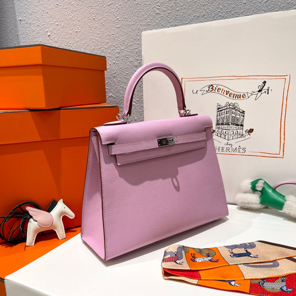 HM KELLY 25CM CUIR EPSOM ROSE FERMOIR ARGENTÉ