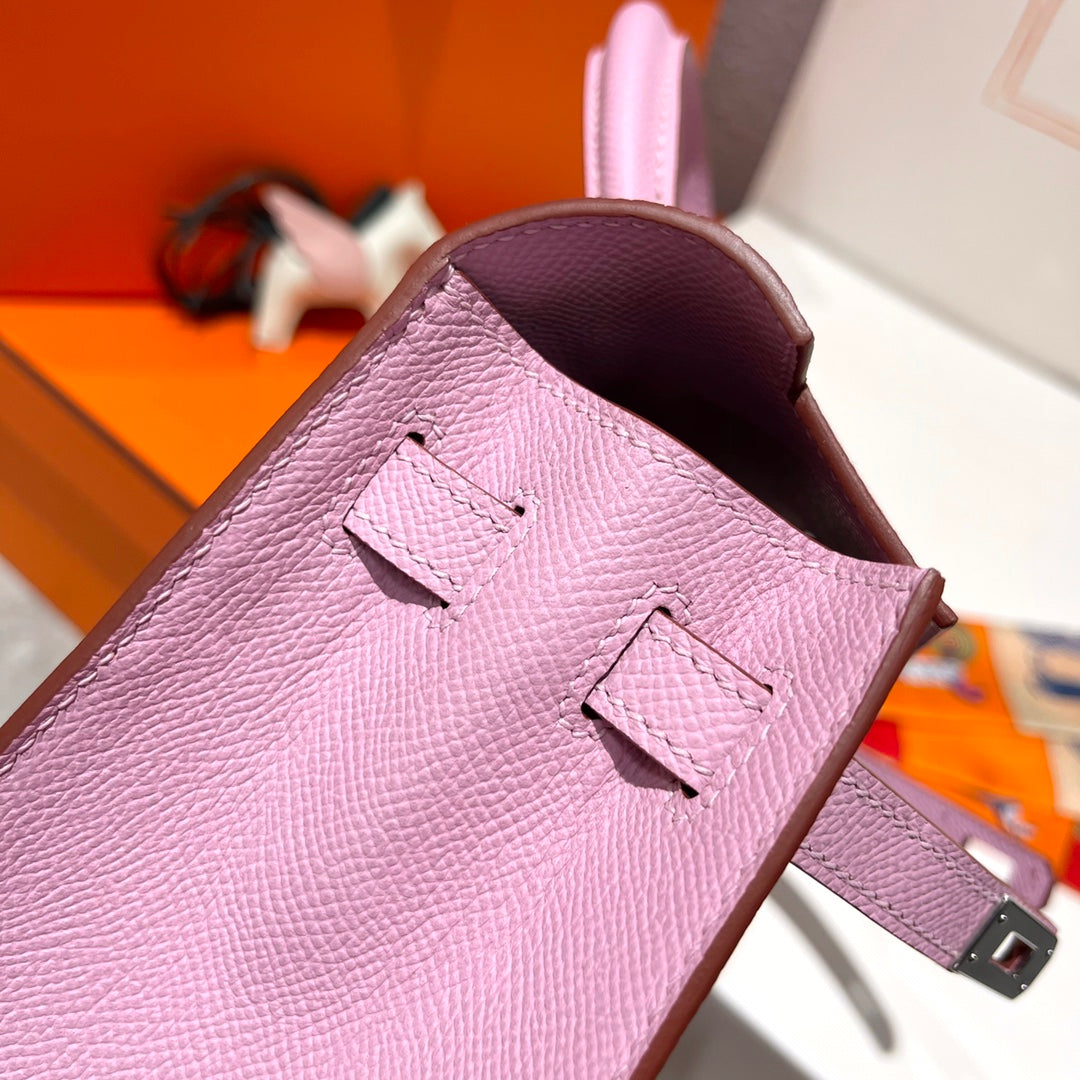 HM KELLY 25CM CUIR EPSOM ROSE FERMOIR ARGENTÉ