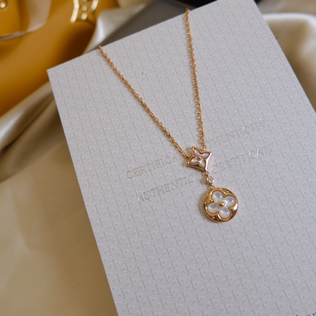 [Shinejoy]STAR AND SUN WHITE MOP 2 MOTIF PINK GOLD NECKLACE