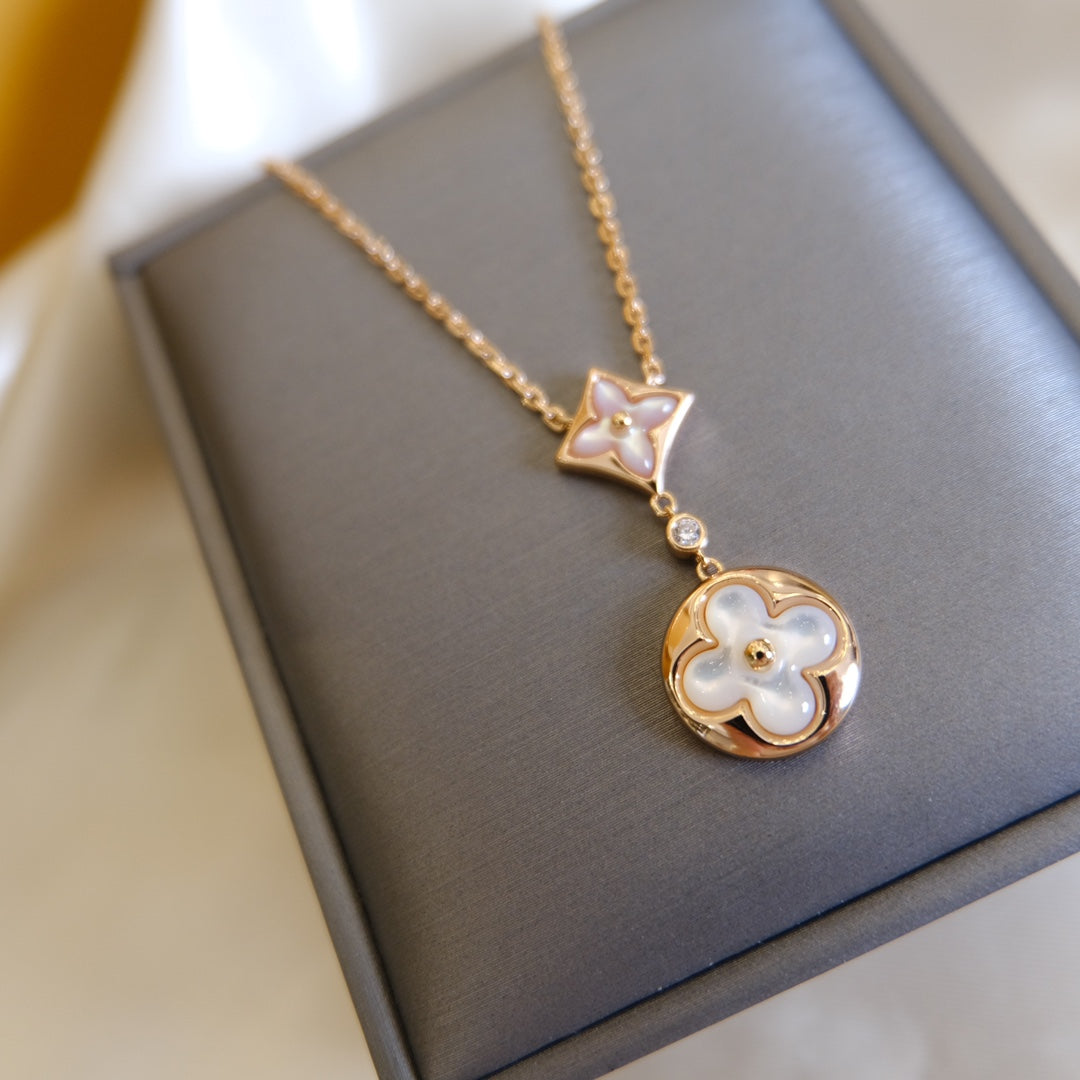 [Shinejoy]STAR AND SUN WHITE MOP 2 MOTIF PINK GOLD NECKLACE