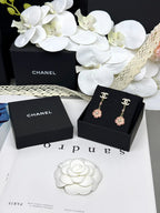 [Shinejoy]26C Pink Camellia Enamel Pendant with Double C Earrings
