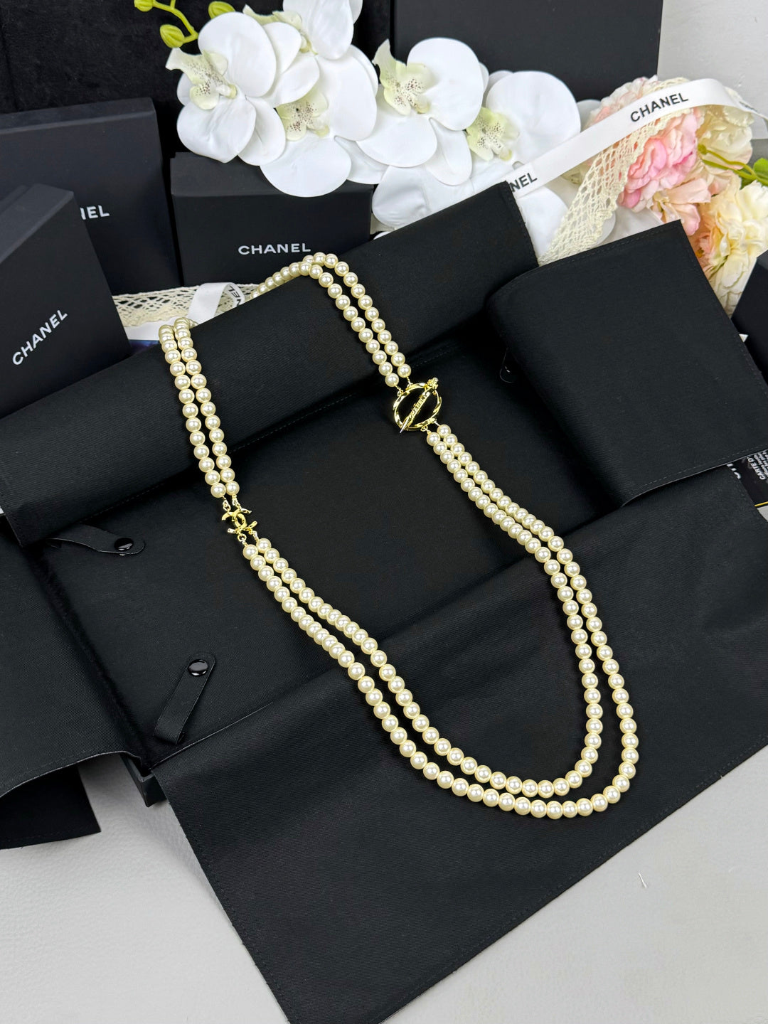 [Shinejoy]25K Pencil Double C Double-Layer Pearl Sweater Chain