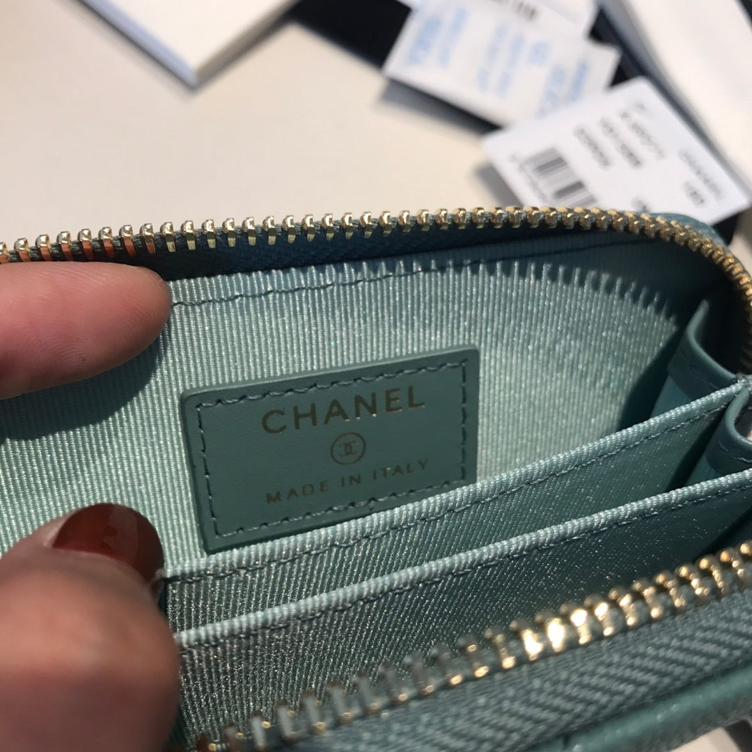 Porte-monnaie zippé CC Basic 11 Bleu sarcelle en cuir de veau, icône dorée