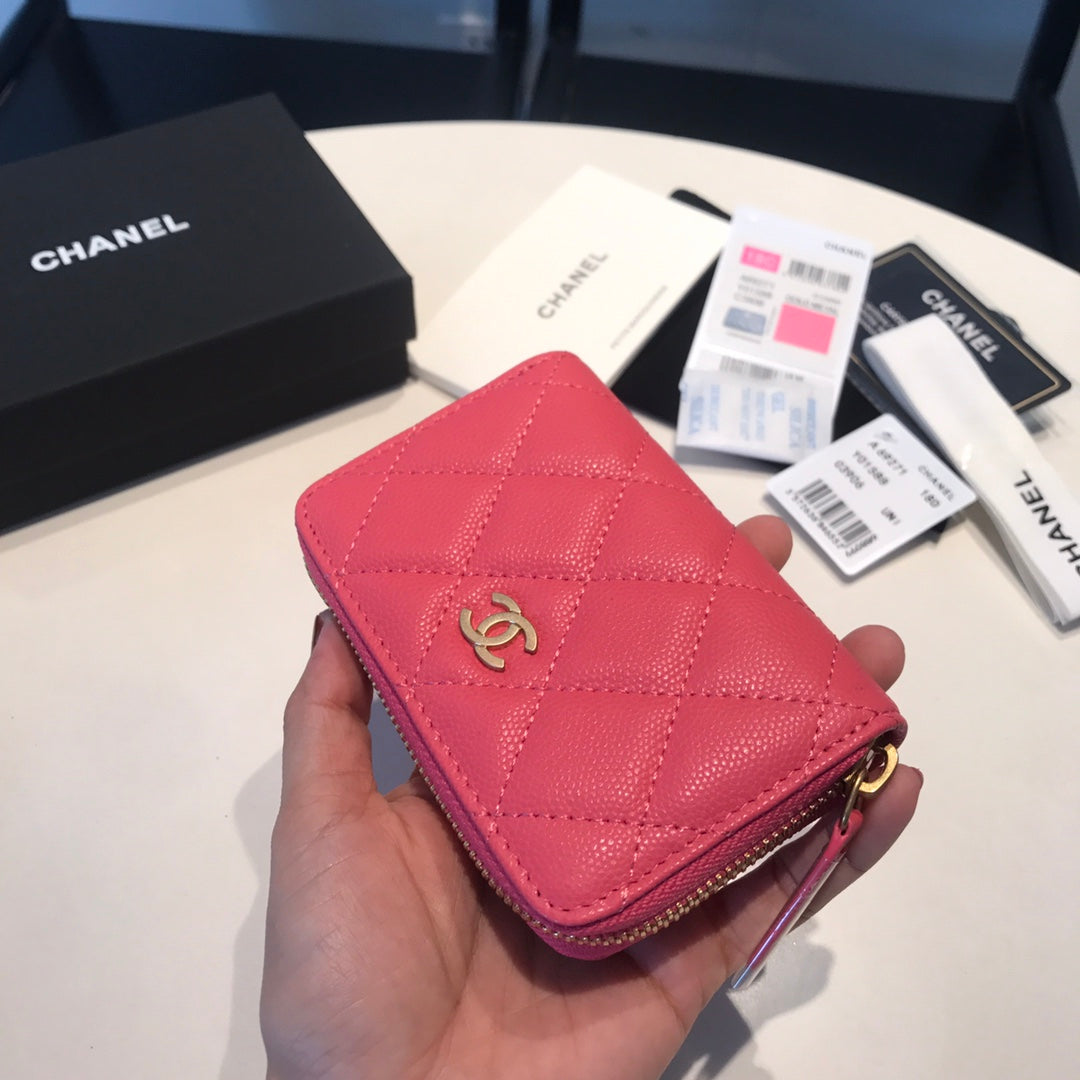 Porte-monnaie basique zippé CC 11 rouge rose cuir de veau icône dorée