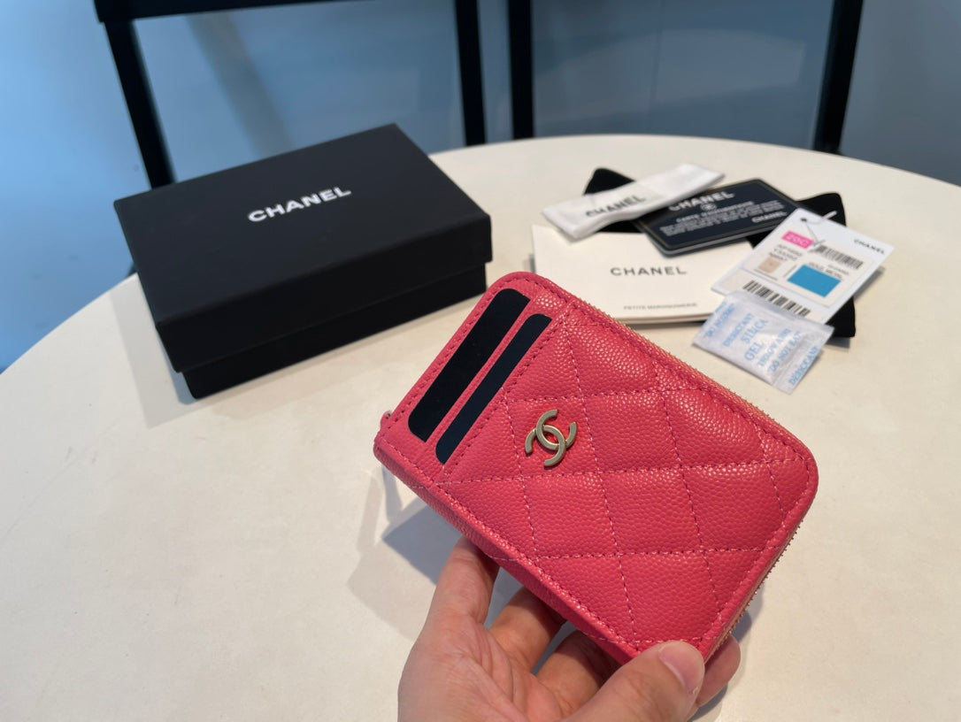 Porte-monnaie zippé CC 11 rouge rose cuir de veau grainé