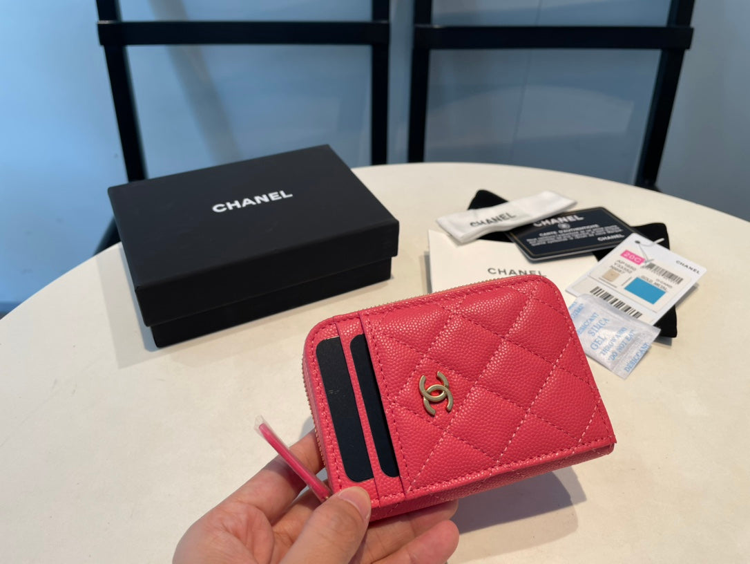 Porte-monnaie zippé CC 11 rouge rose cuir de veau grainé