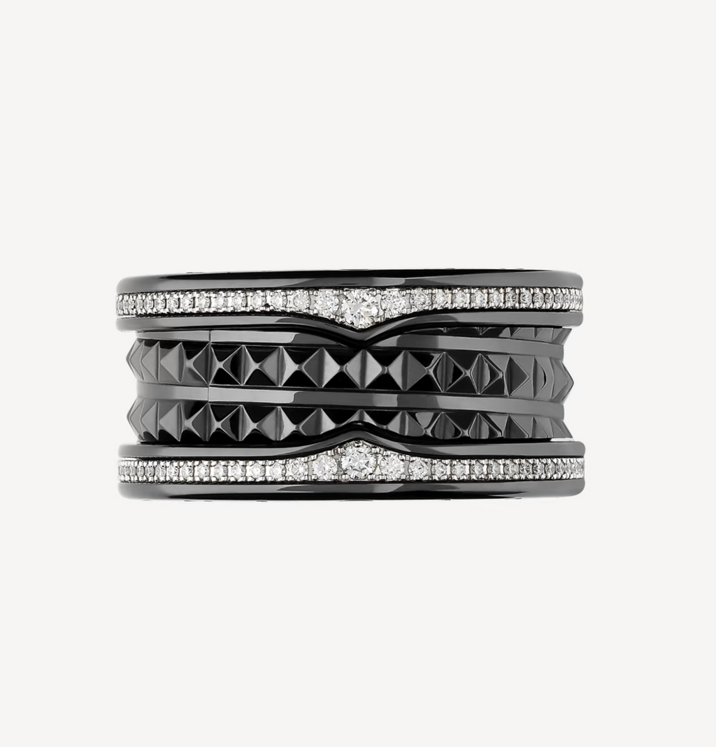 [Shinejoy]ZERO 1 ROCK FOUR-BAND BLACK CERAMIC WITH STUDDED SPIRAL AND PAVED DIAMONDS RING