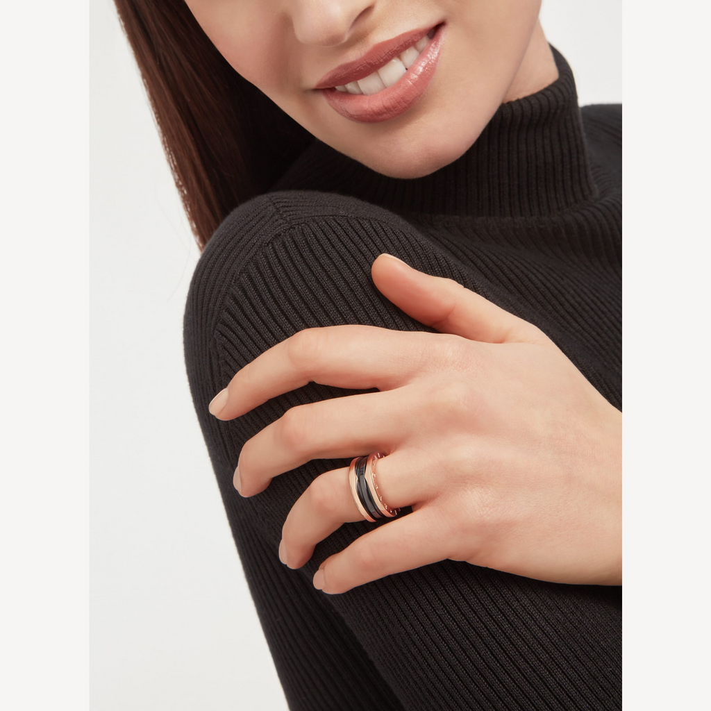 [Shinejoy]ZERO 1 TWO-BAND LOOPS AND BLACK CERAMIC PINK GOLD RING