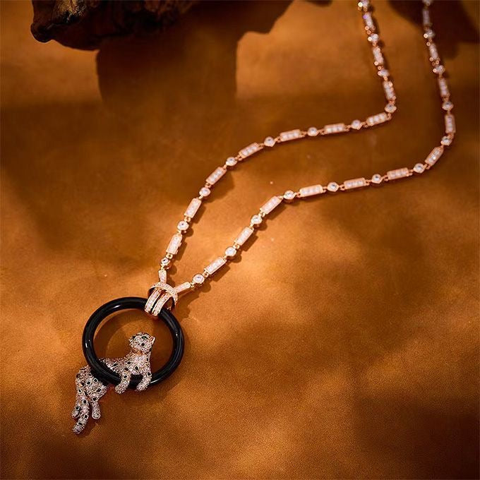 [Shinejoy jewelrys]NEW BLACK CIRCLE PANTHER FULL DIAMOND NECKLACE
