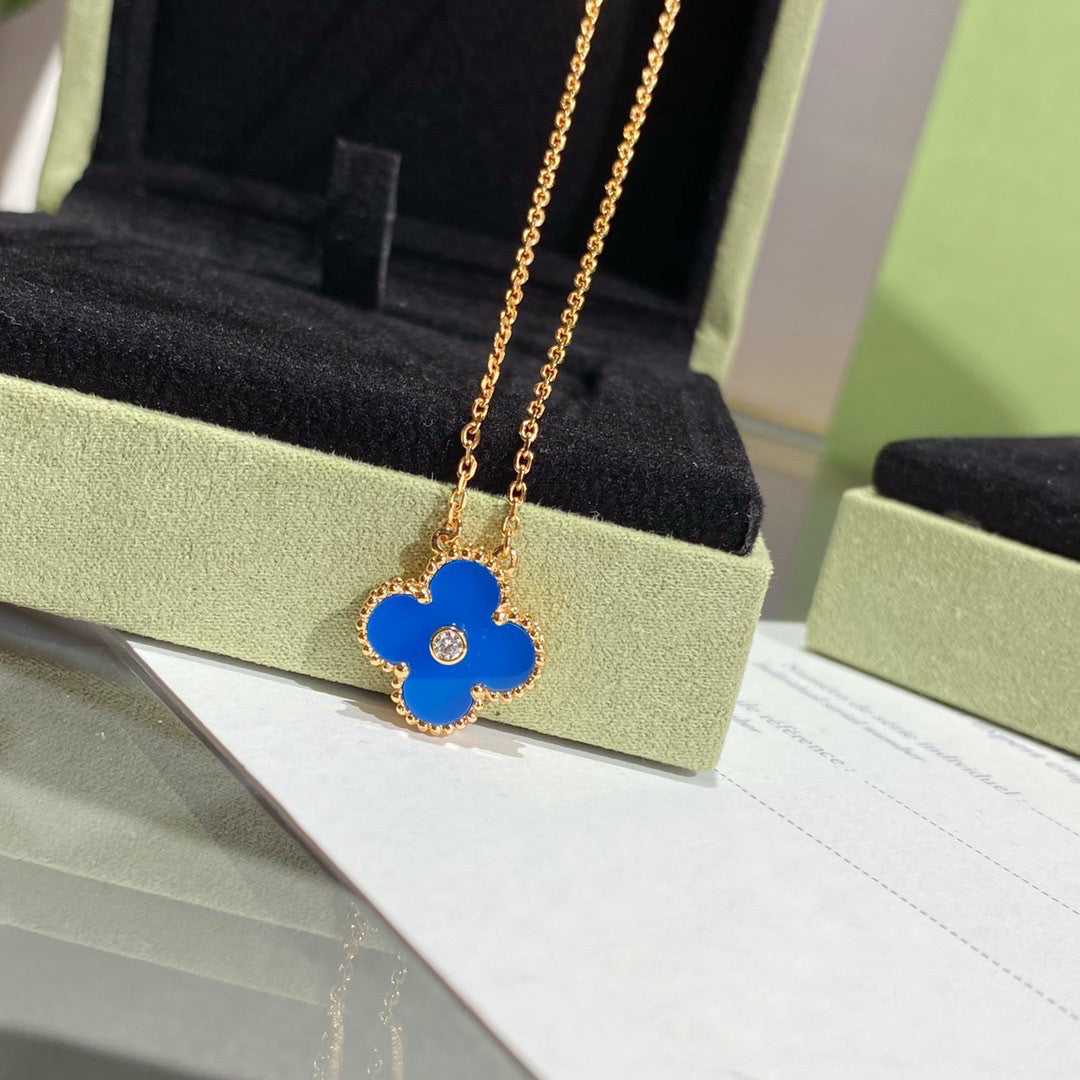 [Shinejoy]CLOVER 15MM DIAMOND AND BLUE AGATE NECKLACE