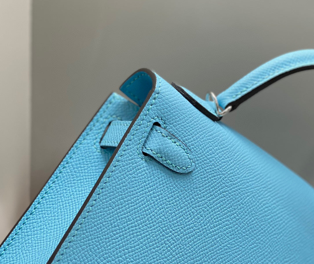 HM KELLY MINI 20 BLEU CIEL EPSOM ARGENTÉ