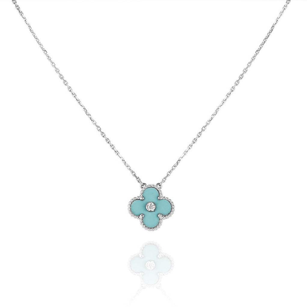 [Shinejoy]CLOVER 1 DIAMOND LIGHT BLUE SILVER NECKLACE