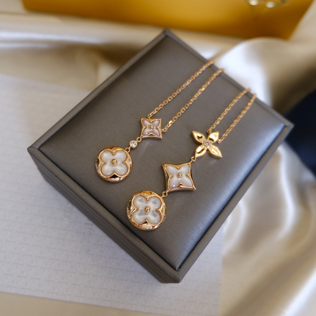 [Shinejoy]COLOR BLOSSOM LARIAT NECKLACE PINK GOLD WHITE MOTHER PEARL AND DIAMOND