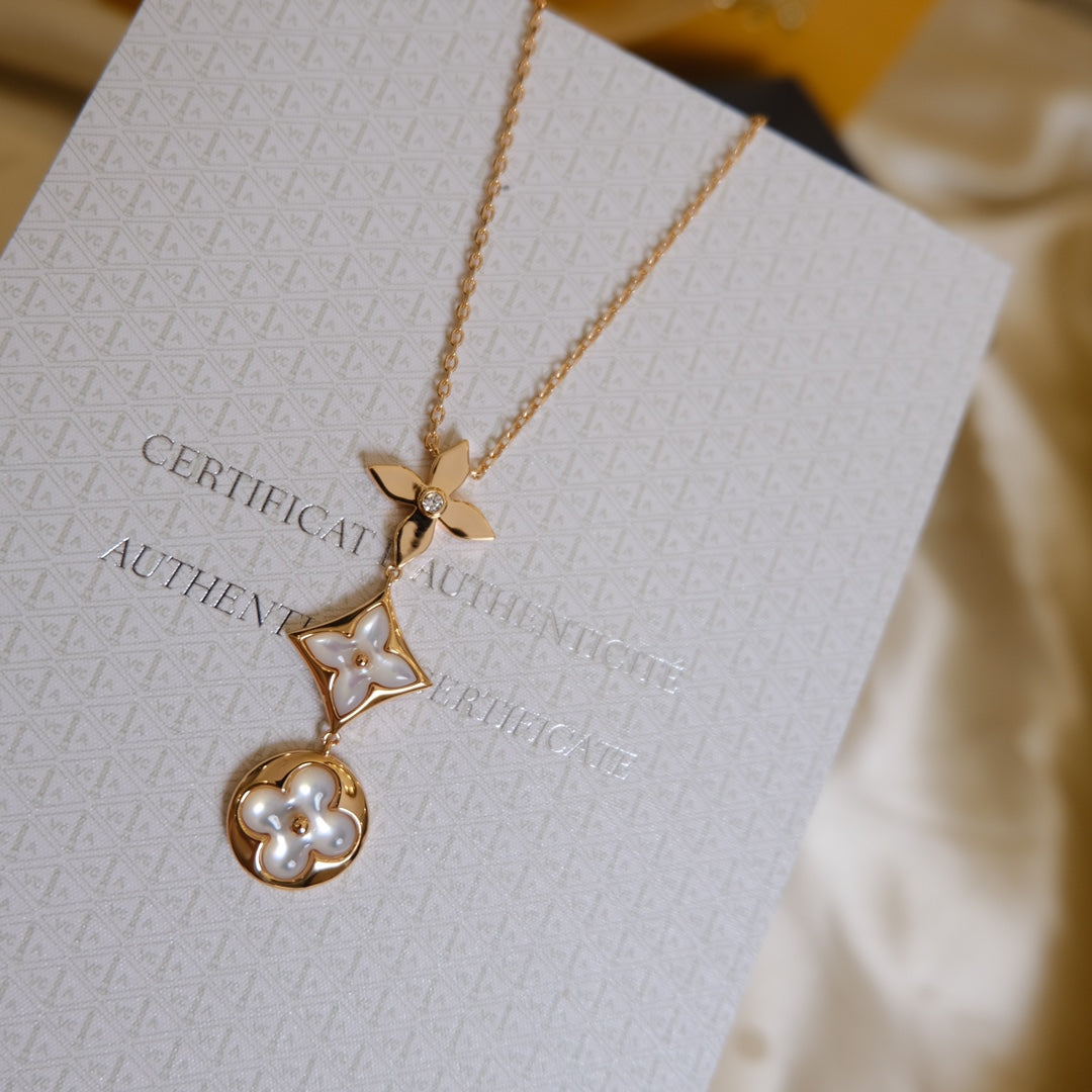 [Shinejoy]COLOR BLOSSOM LARIAT NECKLACE PINK GOLD WHITE MOTHER PEARL AND DIAMOND