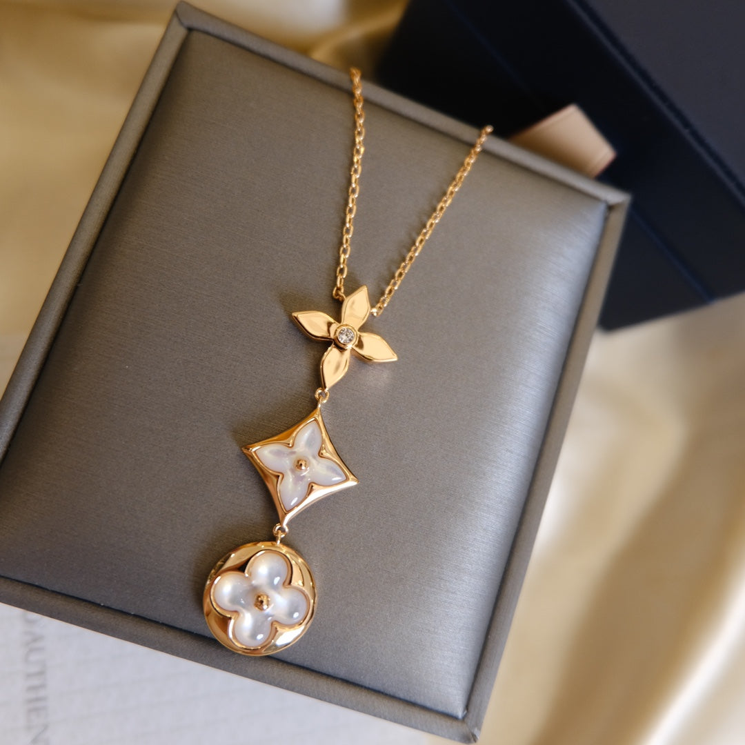 [Shinejoy]COLOR BLOSSOM LARIAT NECKLACE PINK GOLD WHITE MOTHER PEARL AND DIAMOND