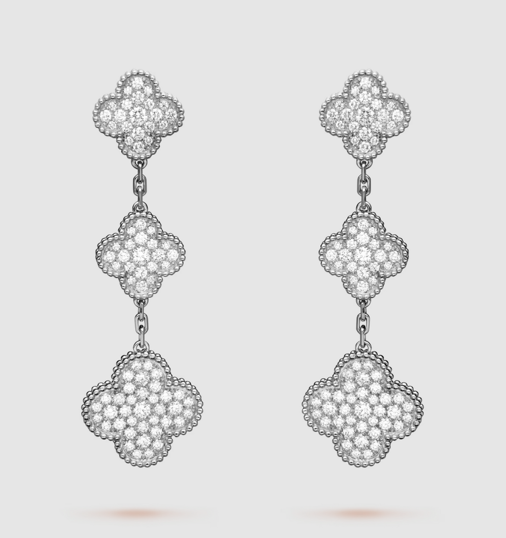 [Shinejoy]CLOVER 3 MOTIF DIAMOND SILVER DROP EARRINGS