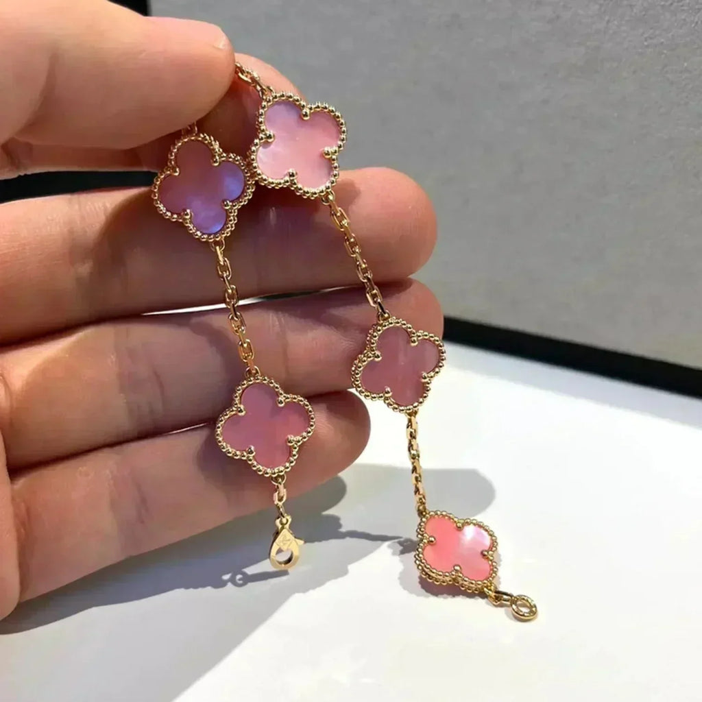 [⭐Shinejoy] クローバー 5モチーフ ピンク モップ ブレスレット コレクション