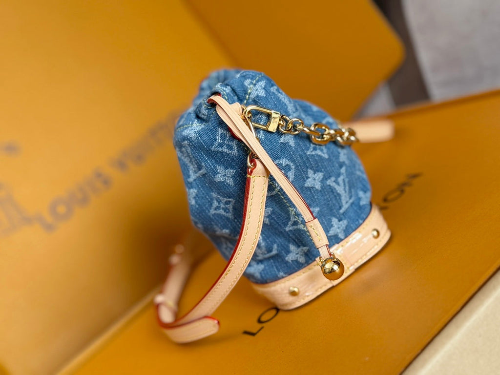 LV 25S NANO NOÉ 20 IN BLUE DENIM MONOGRAM LEATHER TRIM GOLD HARDWARE