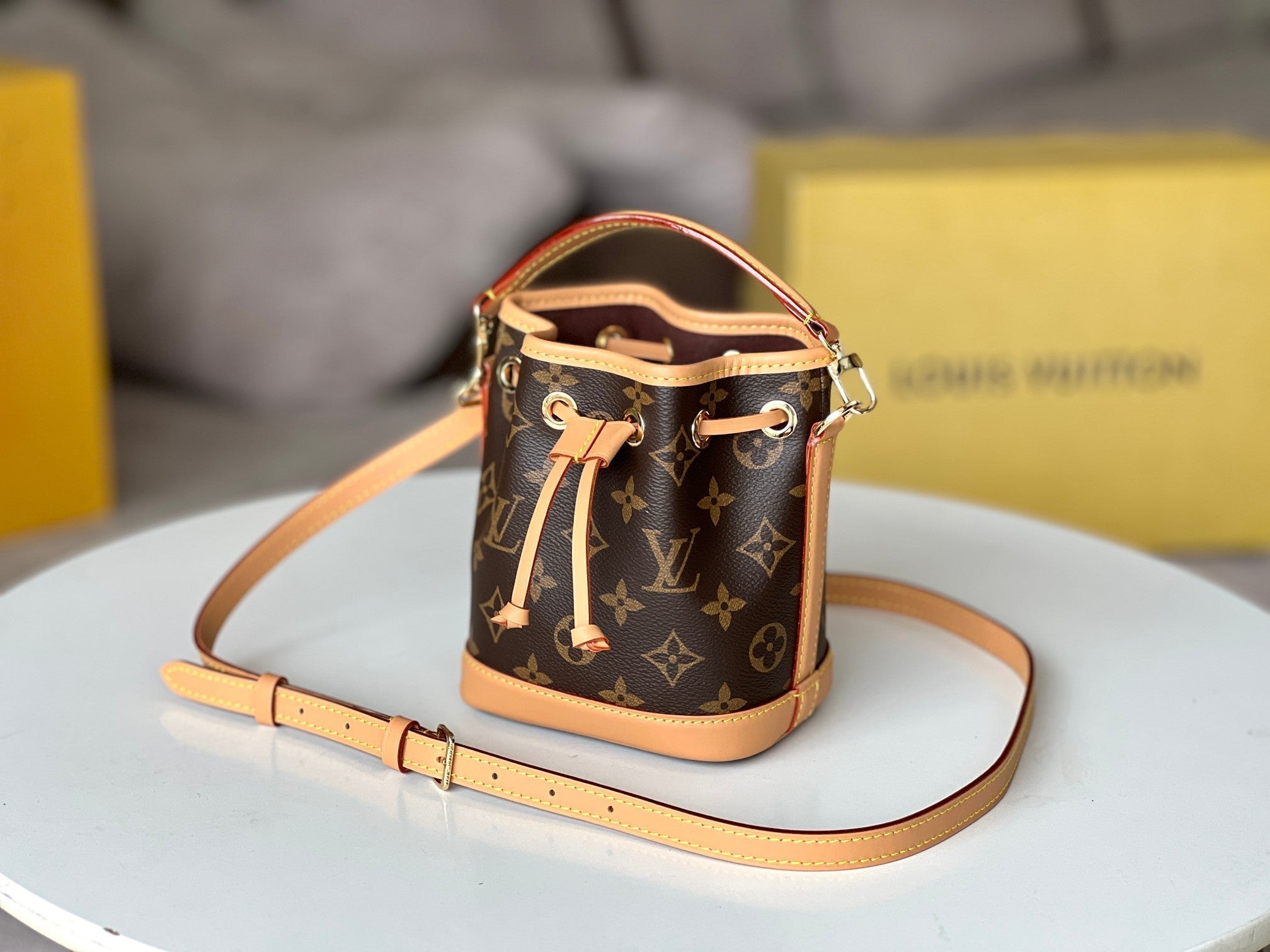 LV 25S NANO NOÉ 16 IN DARK BROWN MONOGRAM COATED CANVAS LEATHER TRIM