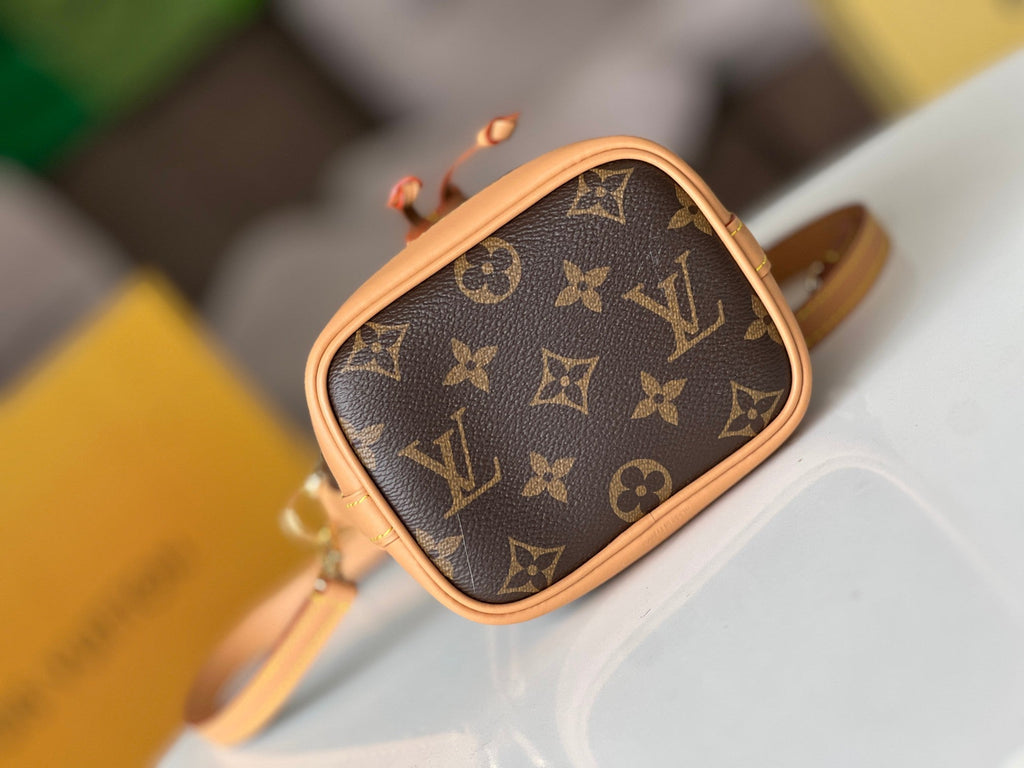 LV 25S NANO NOÉ 16 IN DARK BROWN MONOGRAM COATED CANVAS LEATHER TRIM