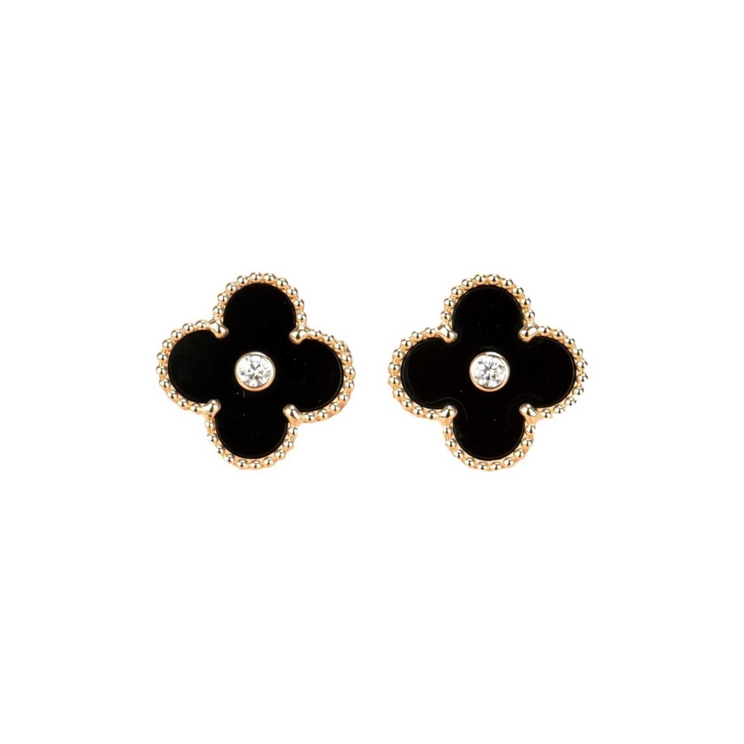 [Shinejoy]CLOVER MEDIUM 1 MOTIFS ONYX DIAMOND EARRINGS