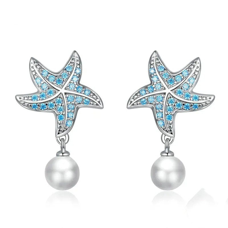Boucles d'oreilles clous en forme d'étoile de mer avec zircon bleu océan