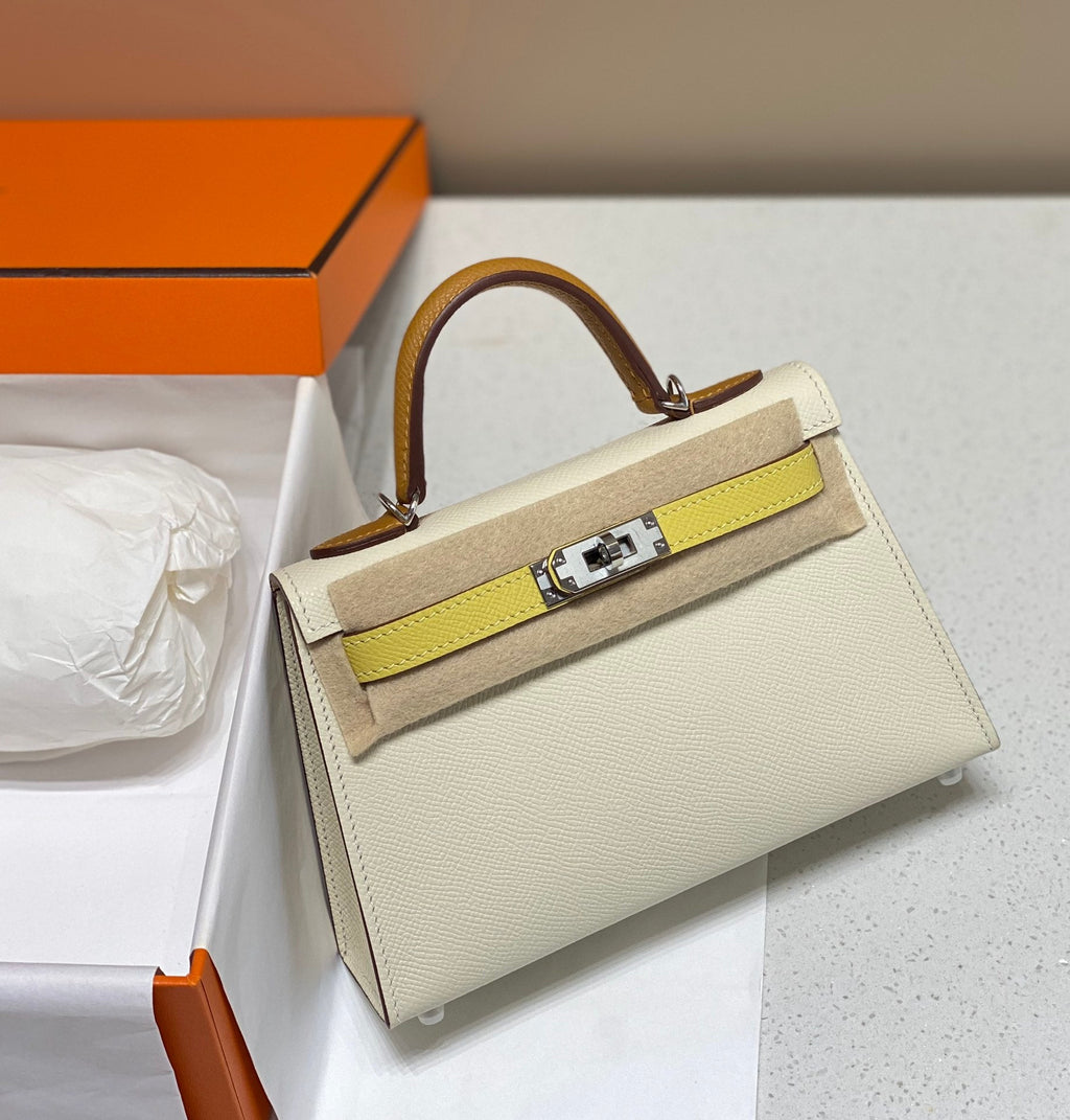 HM KELLY MINI 20 BLANC JAUNE MARRON EPSOM FERMOIR ARGENTÉ