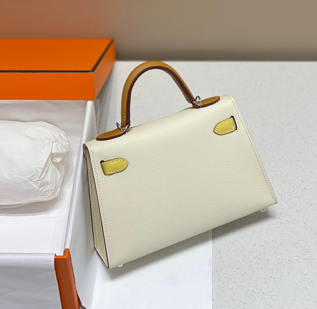 HM KELLY MINI 20 BLANC JAUNE MARRON EPSOM FERMOIR ARGENTÉ